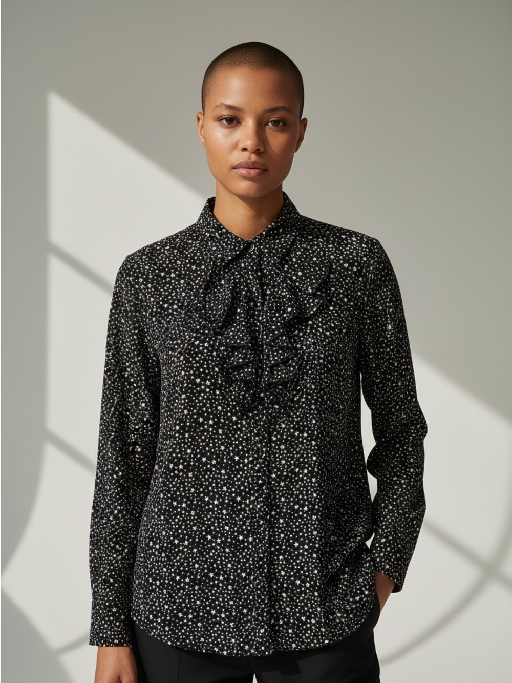 United Colors Of Benetton Black Star-Print Button-Down Shirt Cotton L